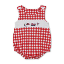 Load image into Gallery viewer, Sleeveless red plaid fire truck baby boys summer romper