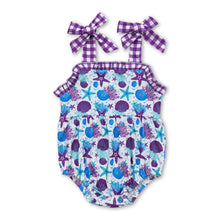 Load image into Gallery viewer, Purple plaid straps starfish shell baby summer romper