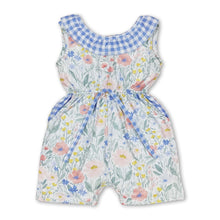 Load image into Gallery viewer, Blue plaid floral pockets baby girls jumpsuit