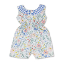 Load image into Gallery viewer, Blue plaid floral pockets baby girls jumpsuit