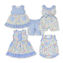 Load image into Gallery viewer, Sleeveless blue plaid floral baby girls romper