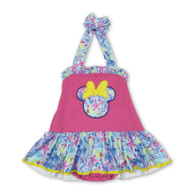 Load image into Gallery viewer, Hot pink watercolor mouse baby girls romper