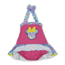 Load image into Gallery viewer, Hot pink watercolor mouse baby girls romper