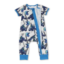 Load image into Gallery viewer, Blue short sleeves race baby kids zipper romper
