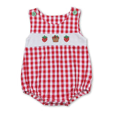 Load image into Gallery viewer, Red sleeveless plaid strawberry cup cake baby boy romper