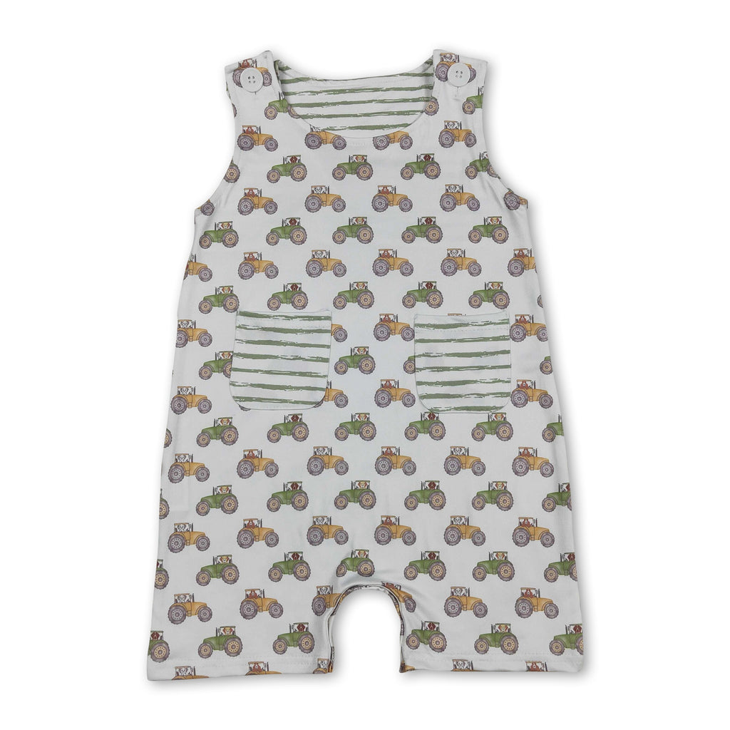 Sleeveless tractor stripe pocket baby boy romper