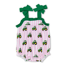 Load image into Gallery viewer, Pink stripe tractor straps baby girls farm romper