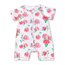 Load image into Gallery viewer, Short sleeves pink floral baby girls zipper romper