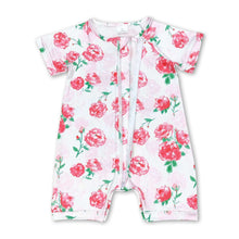 Load image into Gallery viewer, Short sleeves pink floral baby girls zipper romper