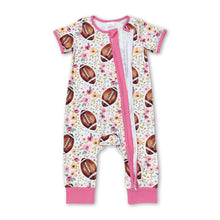 Load image into Gallery viewer, Short sleeves floral football baby girls zipper romper