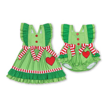 Load image into Gallery viewer, Flutter sleeves heart green face baby girls Christmas romper