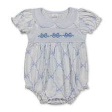 Load image into Gallery viewer, Blue bow short sleeves baby girls romper
