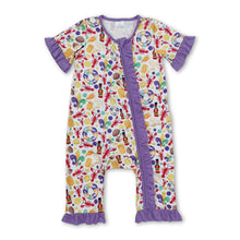 Load image into Gallery viewer, Purple ruffle crawfish baby girls Mardi Gras zipper romper