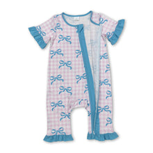 Load image into Gallery viewer, Pink plaid bow short sleeves baby girls zipper romper