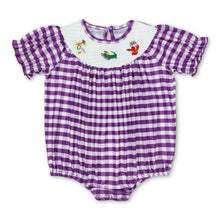 Load image into Gallery viewer, Purple plaid pelican alligator crawfish girls mardi gras romper