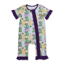 Load image into Gallery viewer, Purple short sleeves alligator baby girls Mardi Gras zip romper