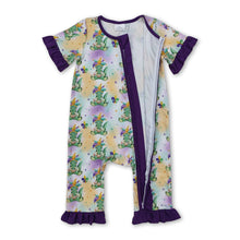 Load image into Gallery viewer, Purple short sleeves alligator baby girls Mardi Gras zip romper