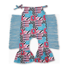 Load image into Gallery viewer, Howdy turquoise thunder patchwork tassels girls romper