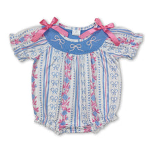 Load image into Gallery viewer, Short sleeves stripe light blue bow floral baby girls romper
