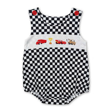 Load image into Gallery viewer, Black plaid sleeveless cars baby boy romper