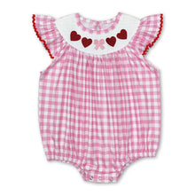 Load image into Gallery viewer, Pink plaid heart bow smocked baby girls Valentine's romper