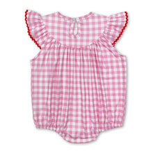 Load image into Gallery viewer, Pink plaid heart bow smocked baby girls Valentine's romper