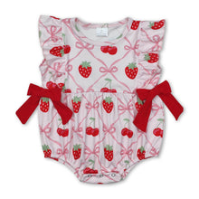 Load image into Gallery viewer, Ruffle pink bow strawberry cherry baby girls romper