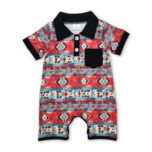 Load image into Gallery viewer, Short sleeves black pocket aztec western baby polo romper