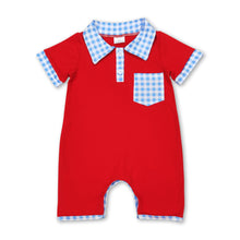 Load image into Gallery viewer, Blue plaid pocket red baby boy polo romper