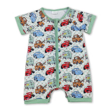Load image into Gallery viewer, Short sleeves plaid cars baby kids zipper romper