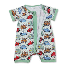 Load image into Gallery viewer, Short sleeves plaid cars baby kids zipper romper
