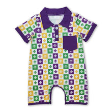 Load image into Gallery viewer, Purple short sleeves pocket baby boy Mardi Gras polo romper