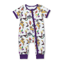 Load image into Gallery viewer, Purple short sleeves pelican baby girls Mardi Gras zipper romper