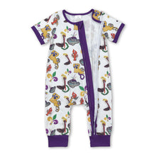Load image into Gallery viewer, Purple short sleeves pelican baby girls Mardi Gras zipper romper