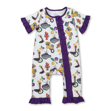 Load image into Gallery viewer, Purple ruffle pelican baby Mardi Gras zipper romper