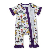 Load image into Gallery viewer, Purple ruffle pelican baby Mardi Gras zipper romper