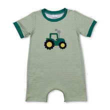 Load image into Gallery viewer, Short sleeves green stripe tractor baby boy romper