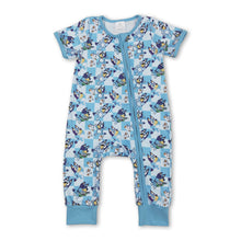 Load image into Gallery viewer, Blue short sleeves plaid dog baby kids zipper romper