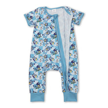 Load image into Gallery viewer, Blue short sleeves plaid dog baby kids zipper romper