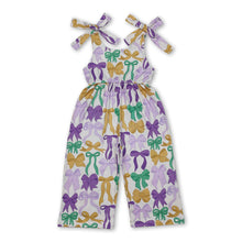 Load image into Gallery viewer, Straps purple green gold bow kids girls Mardi Gras jumpsuit
