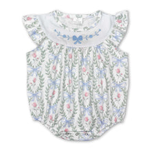 Load image into Gallery viewer, Light blue bow floral baby girls spring summer romper