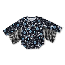 Load image into Gallery viewer, Turquoise plaid bow howdy tassels western baby romper