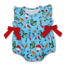 Load image into Gallery viewer, Ruffle red bow fishing baby girl zipper romper