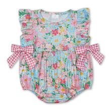 Load image into Gallery viewer, Ruffle floral pink plaid bow baby girls summer romper