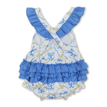 Load image into Gallery viewer, Light blue flutter sleeves ruffle bow baby girls romper