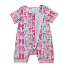 Load image into Gallery viewer, Pink plaid short sleeves bow baby girls zipper romper