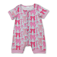 Load image into Gallery viewer, Pink plaid short sleeves bow baby girls zipper romper
