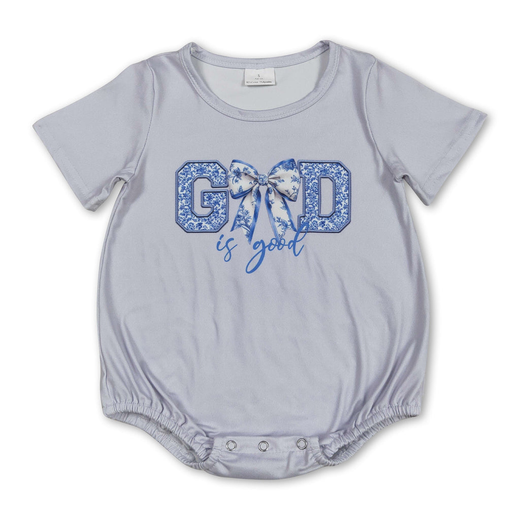 Short sleeves light blue floral bow God is good baby romper