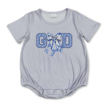 Load image into Gallery viewer, Short sleeves light blue floral bow God is good baby romper