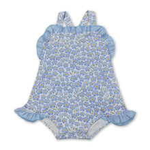 Load image into Gallery viewer, Straps blue ruffle floral baby girls summer romper